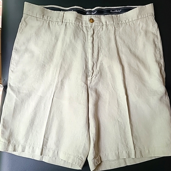 Daniel Bishop Shorts Men's 38 Tan 100% Linen Flat Front Stay Tucked Waistband - Picture 1 of 9
